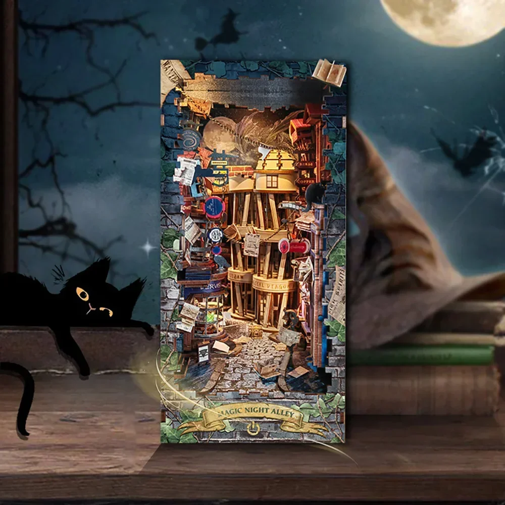 Diy Wooden Book Nook Kit Shelf Insert - Rétro bricolage magique nuit allée en